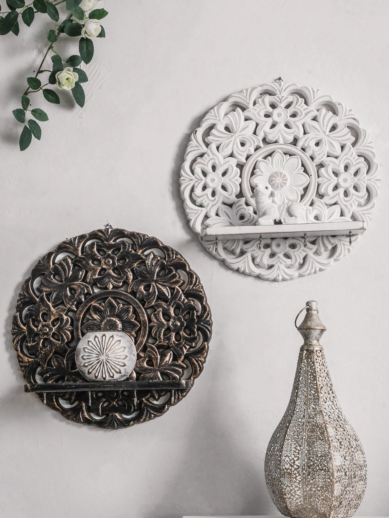 Boho Wooden Wall Shelves, White & Brown Floral Carved Design, Decorative Hanging Shelf with Hooks for Entryway & Home Wall Decor view 4