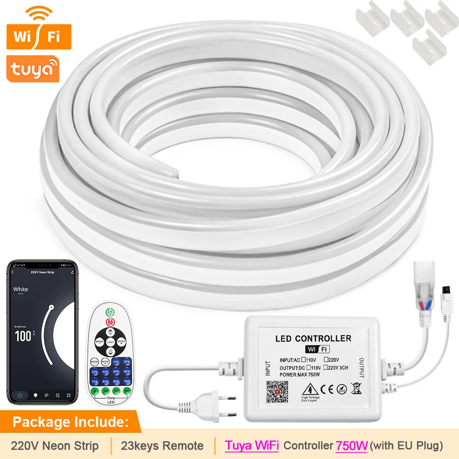 

Dimmable Smart LED Strip Light EU Plug 220V Waterproof Led Neon Lamp Remote /Bluetooth /WiFi Control For Home Lighting Decor