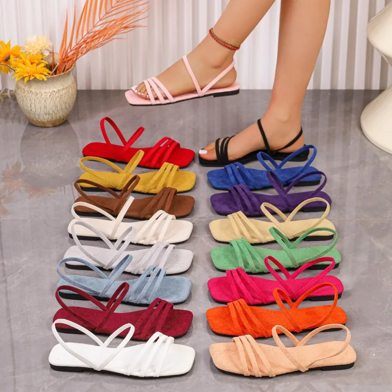 Comemore Sandalias de mujer 2024, zapatos planos de gamuza con punta cuadrada para mujer, zapatos de playa, sandalias informales para mujer, calzado de verano
