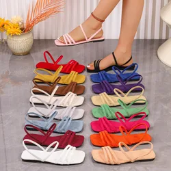 Comemore Women's Sandals 2024 Suede Square Toe Female Flat Beach Shoes Slip on Slides Casual Ladies Summer Footwear