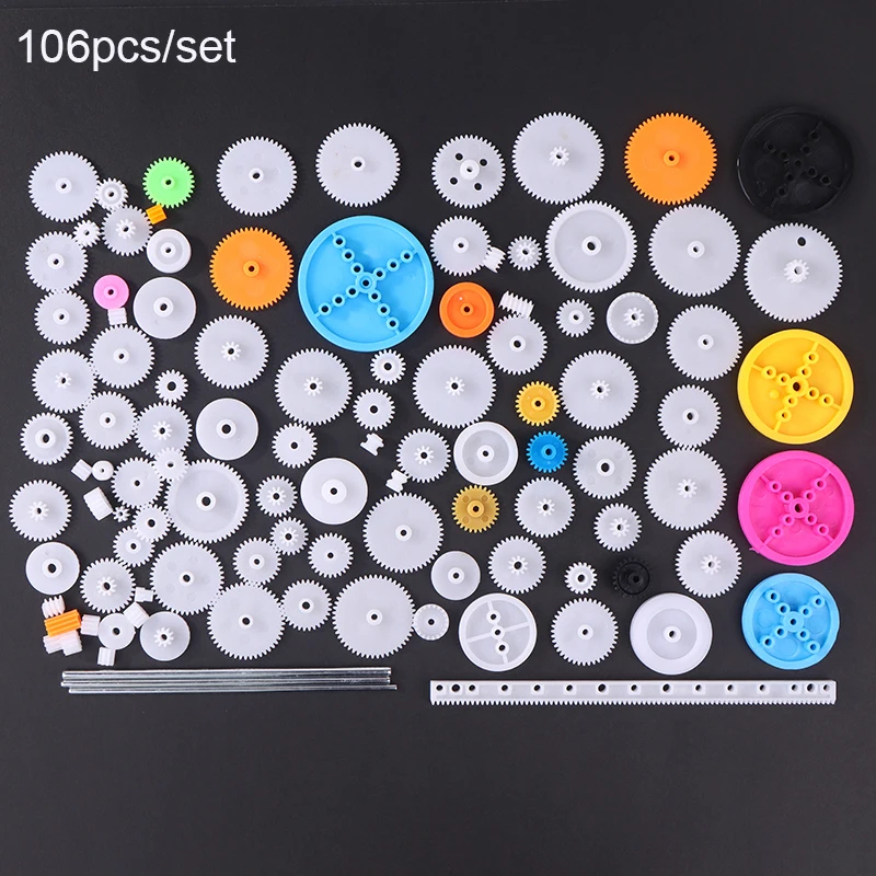 

106Pcs Plastic Gear Kit Assortment Single Double Shaft W/Rubber Band for DIY Car Robot Motor Model Making Educational Toy Parts