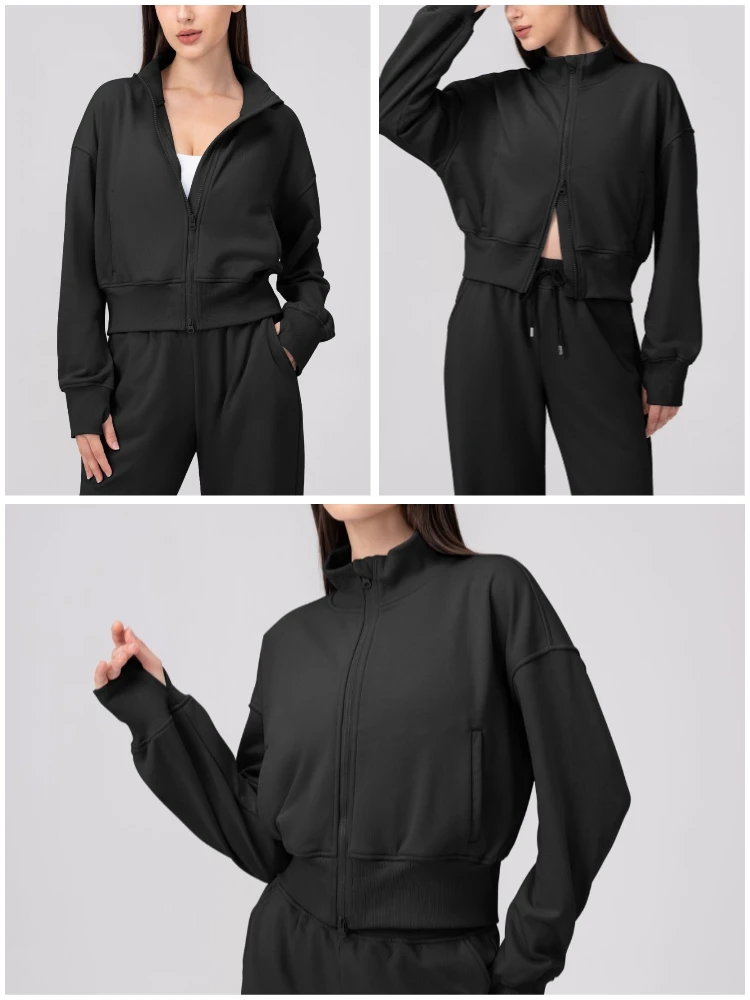 VITALINOVO Damen-Jacken mit Reißverschluss, Stehkragen, kurzes Sweatshirt mit Taschen, Daumenloch, Herbst, langärmlig, Sportjacken, Winter – Detail 11