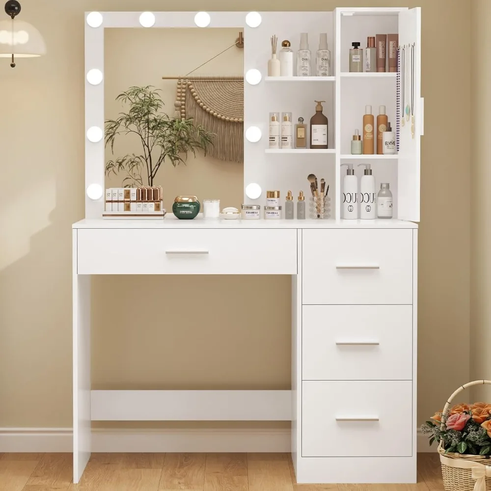 

Illuminated Makeup Vanity Desk with Mirror, 10 LED Lights, 4-Drawer Storage, and Cabinet for Jewelry