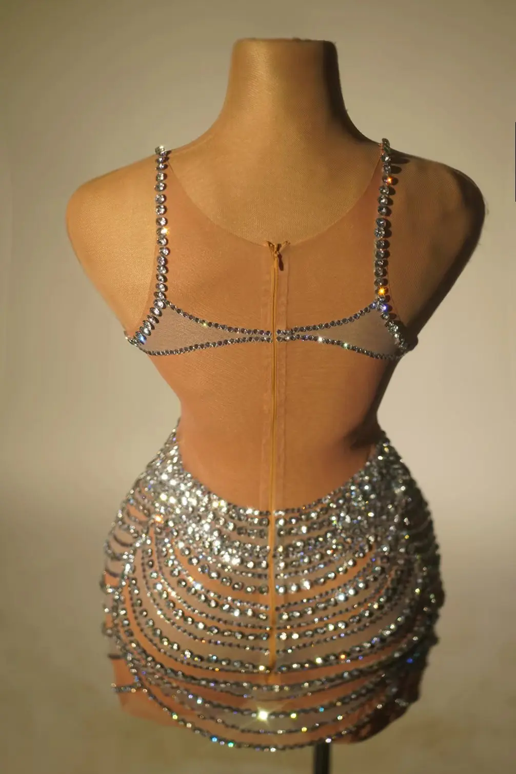 Sparkly Rhinestones Sleeveless Short Dress Women Sexy Mesh See Through Party Celebrate Birthday Dress Performance Stage Wear