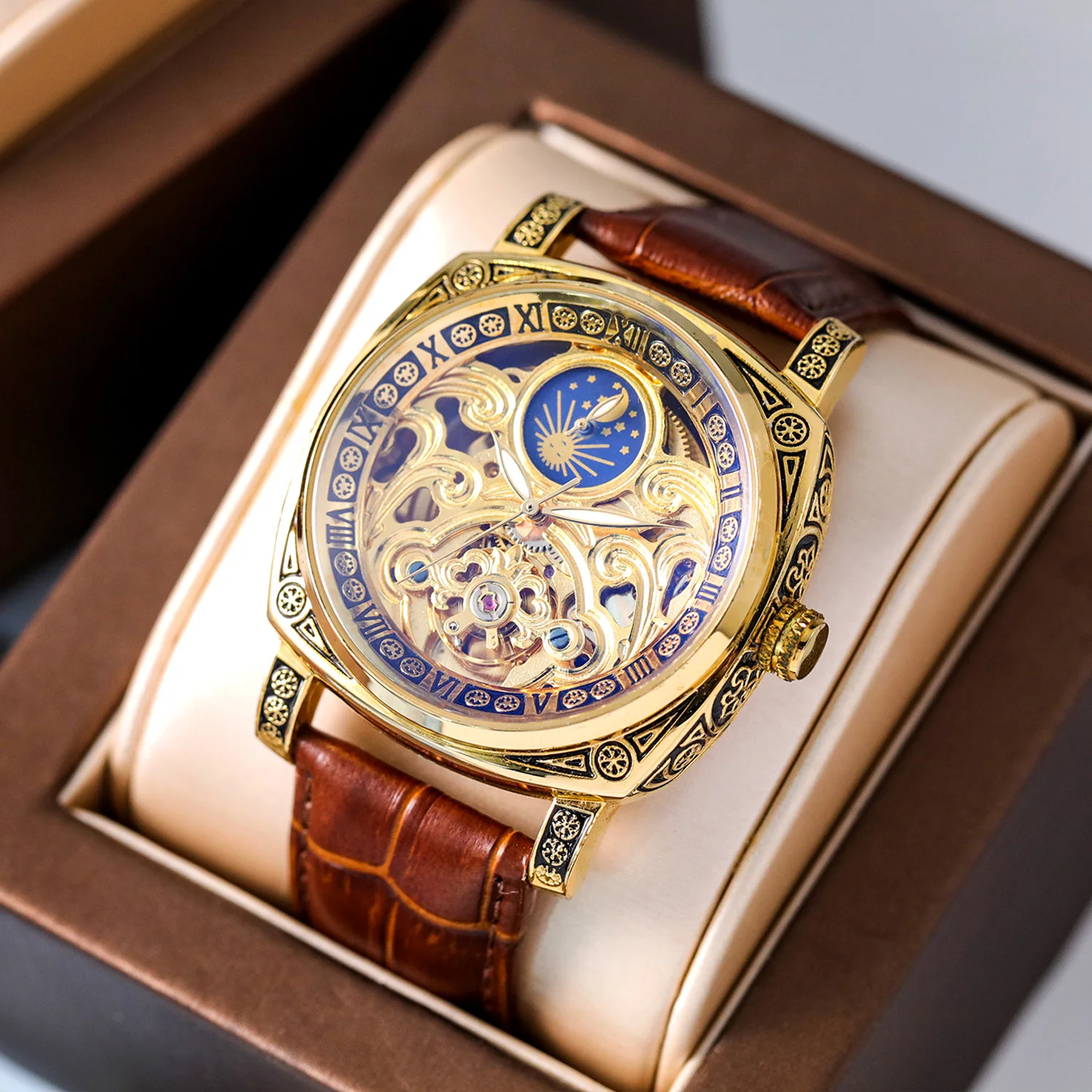 New Stainless Steel Gold Full Skeleton Moonphase Luminous Waterproof Genuine Leather Strap Self-Wind Automatic Watch for Men
