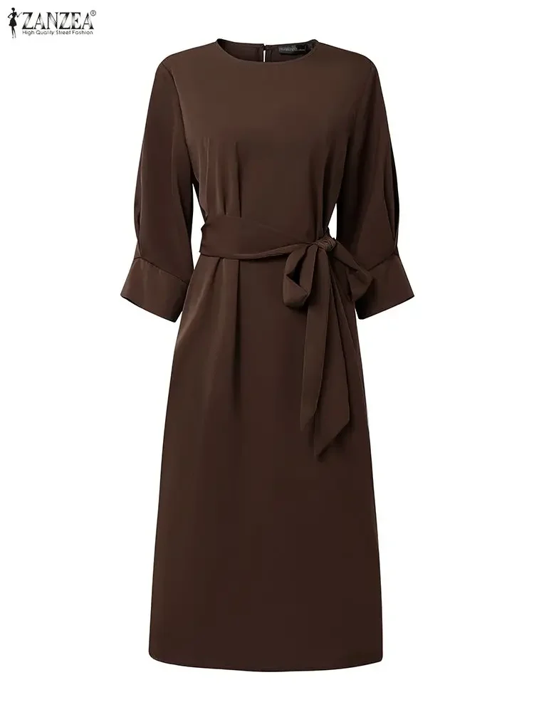 ชุดเดรสยาวปานกลาง ZANZEA รุ่นปี 2025 ดีไซน์หรูหราสำหรับผู้หญิง แขน 3/4 พร้อมเข็มขัด เหมาะสำหรับงานปาร์ตี้ แฟชั่นลำลอง คอกลม สีพื้น