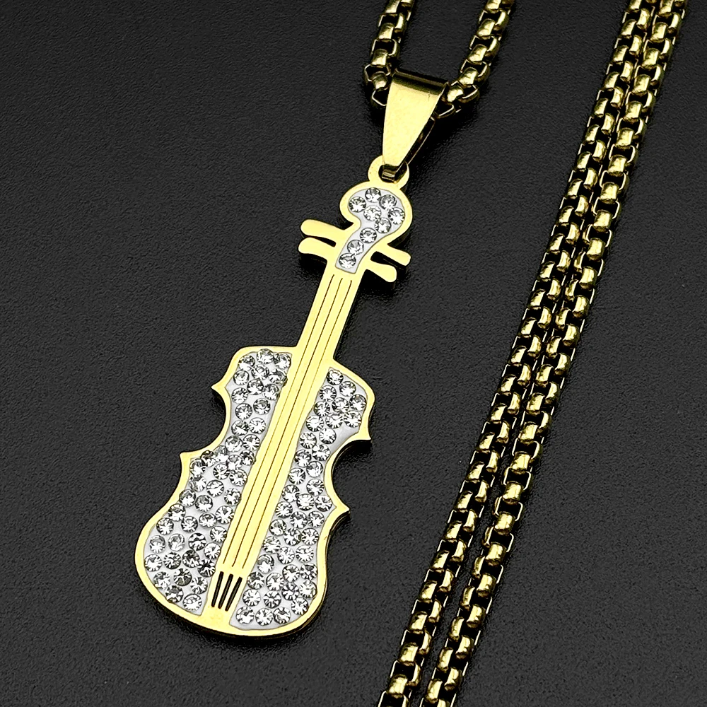 Vollständig mit Strass Besetzte Geigen-Anhänger-Halskette für Damen und Herren, Edelstahl in Goldfarbe, Klassische Musikliebhaber-Modekette, Schmuckgeschenk – Detail 8