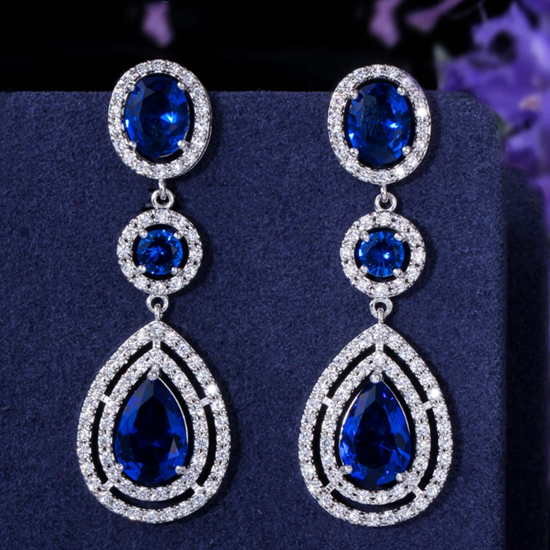 BeaQueen Femme Luxury Dark Blue Cubic Zirconia Water Drop Big Long Statement Earrings Wedding Costume Jewelry for Women E127