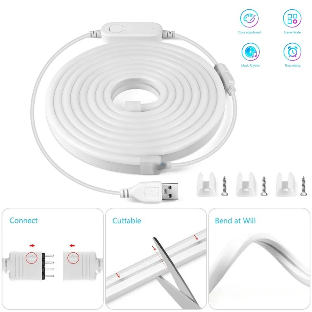 5V USB RGB Neonowa taśma LED 1M 2M 3M 5M 10M Elastyczna taśma silikonowa Znak świetlny z 3 klawiszami 2.4G Bluetooth Control SMD 3535 108LEDs/M