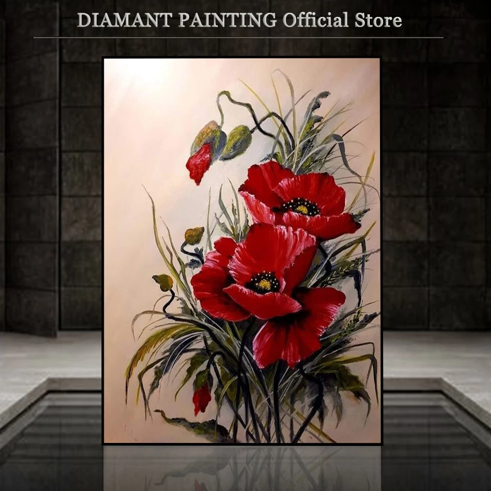 5d nouvelle arrivée bricolage bricolage diamant peinture nouvelle fleur de coquelicot rouge plein diamant broderie vente Rose photos de strass Art mural