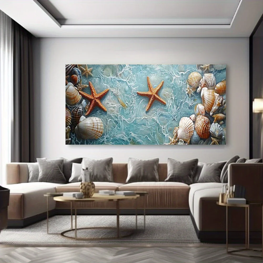 Modern Abstract Beach Palm Trees Poster, Coastal Landscape Painting With Seashells, Beach Theme Decoration, Indoor,No Frame