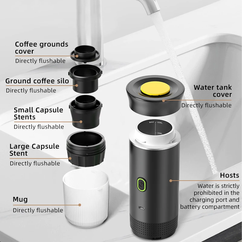 2025 Electric Travel Espresso Machine Heating Water Portable Espresso Maker Compatible with Ground Coffee Small Large Capsules