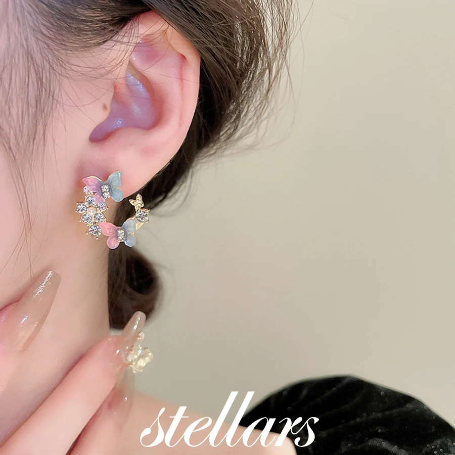 

Sweet Rhinestone Butterfly Hoop Earrings Silver Stud Cute Fresh Natural Style Trendy Women's Jewelry Accessory