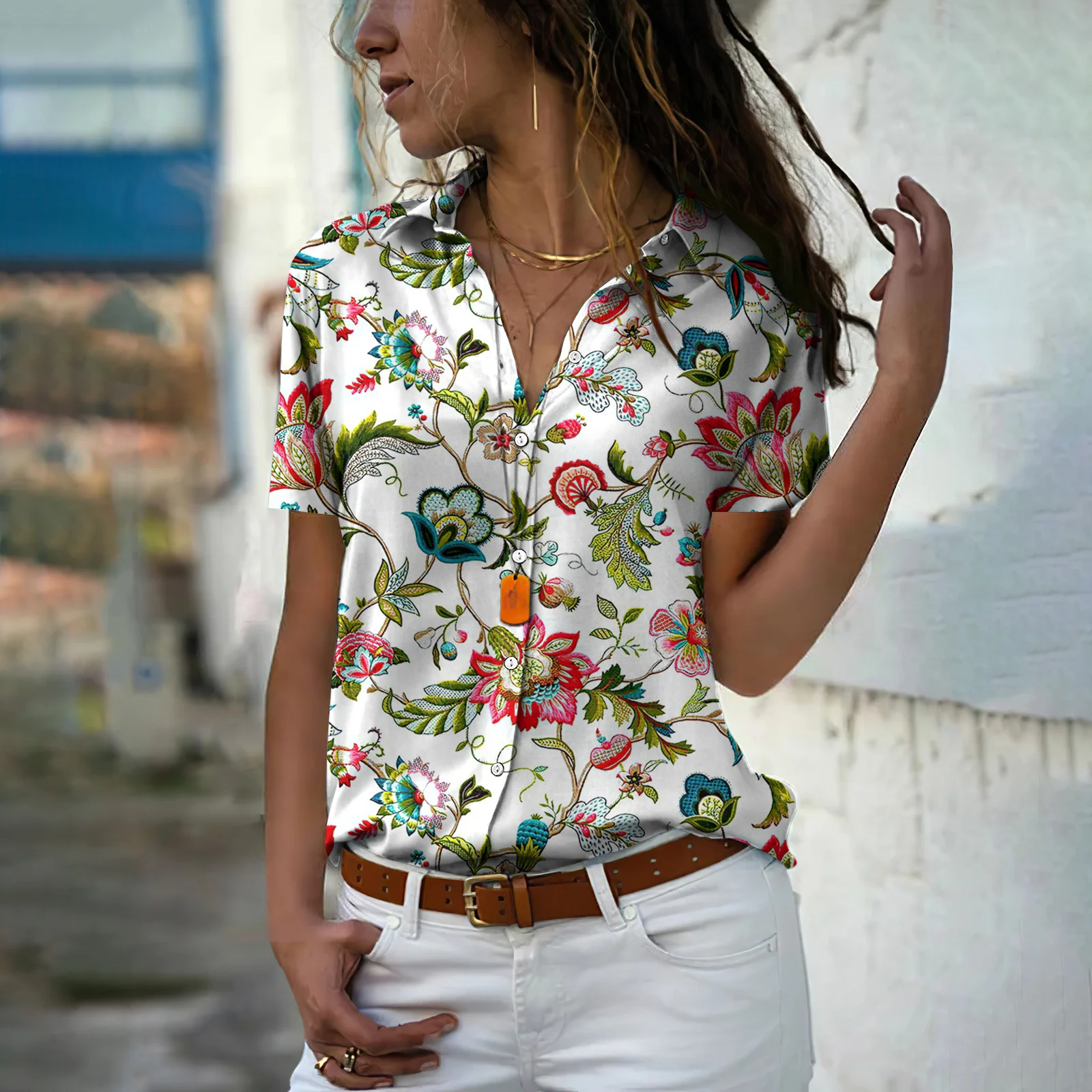 

Retro Hawaiian Shirt Women's V-neck Short Sleeve Floral Shirt Summer Vacation New Oversized Clothing 5XL