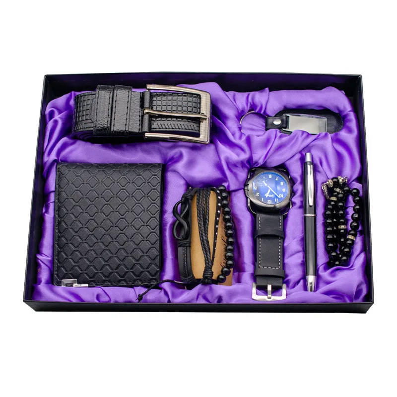 Nuevo conjunto de relojes de moda para hombre, Cajas de Regalo para hombre, cinturón, billetera, corbata, gemelos, llavero, pulsera, bolígrafo de cuentas, regalo de cumpleaños para hombre