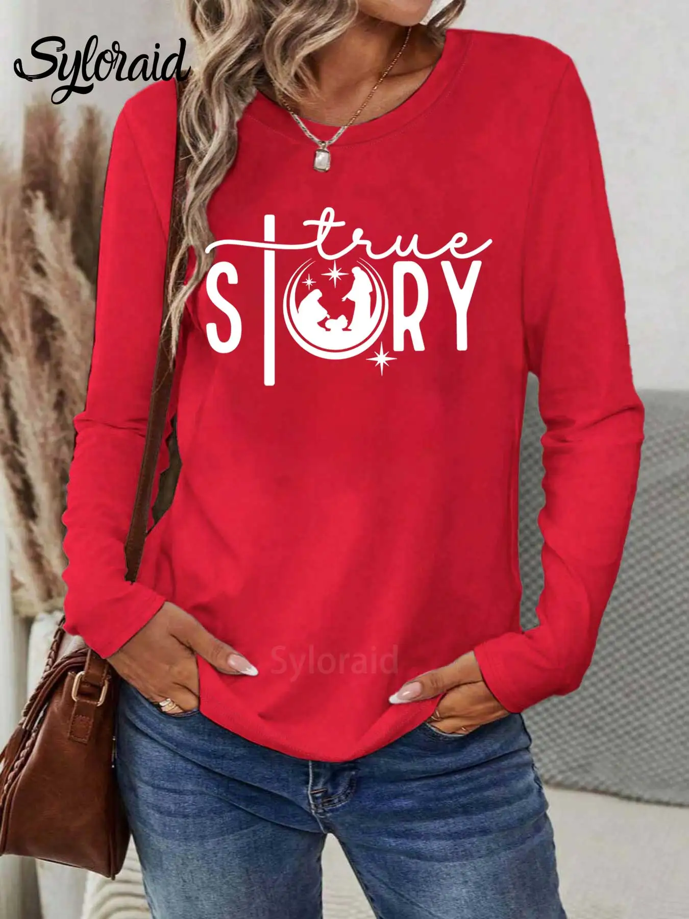 Camiseta de manga larga para mujer, camiseta cristiana de Navidad religiosa, historia verdadera, Natividad de Jesús, Top informal de cuello redondo a la moda