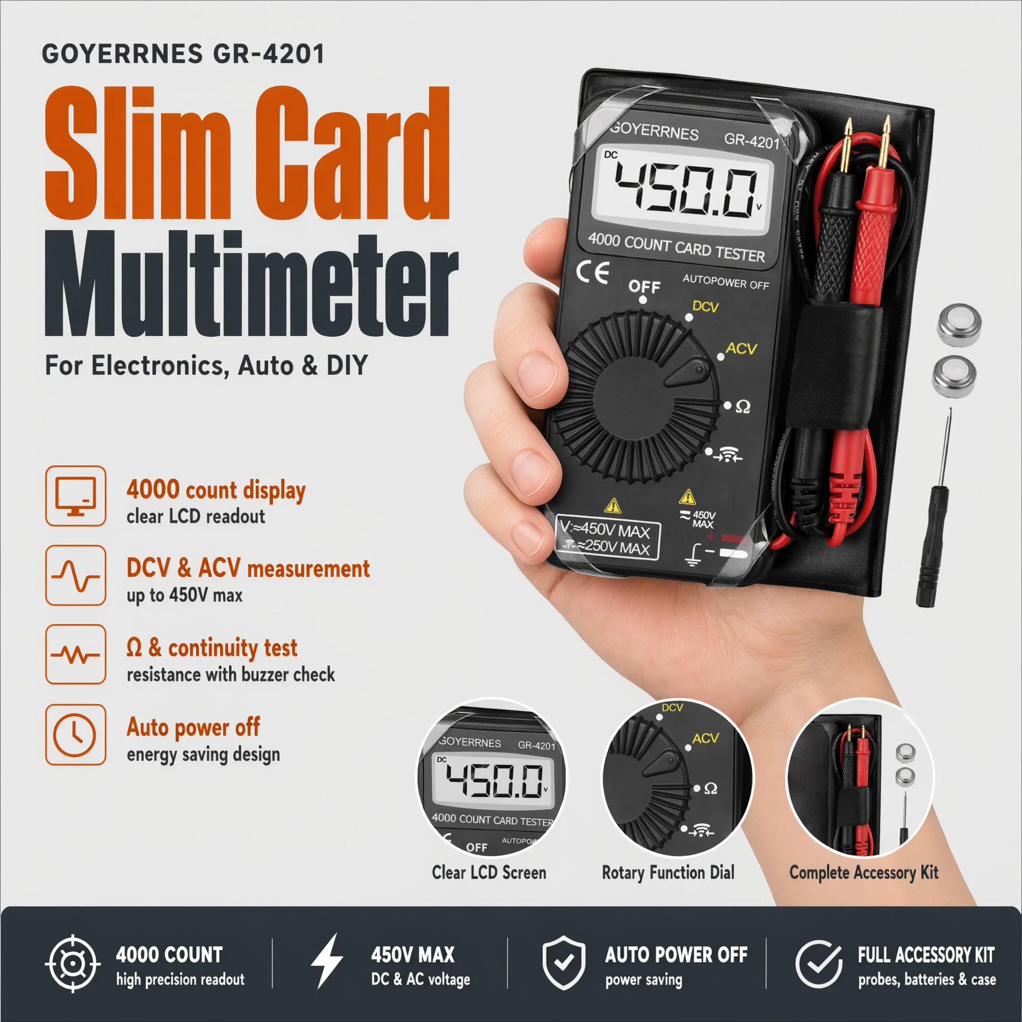 Pocket Digital Multimeter 4000 Count Auto-Range AC/DC Voltage Resistance Continuity Tester for Electrical DIY Home Repair
