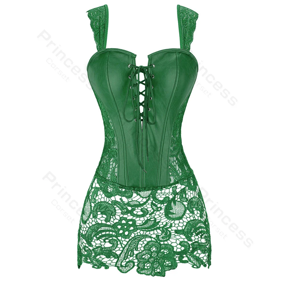 Corset with Straps Faux Leather Dress Corsets for Women Lace Up Gothic Costume Sexy Lace Bodice Corset Top Plus Size Green Black