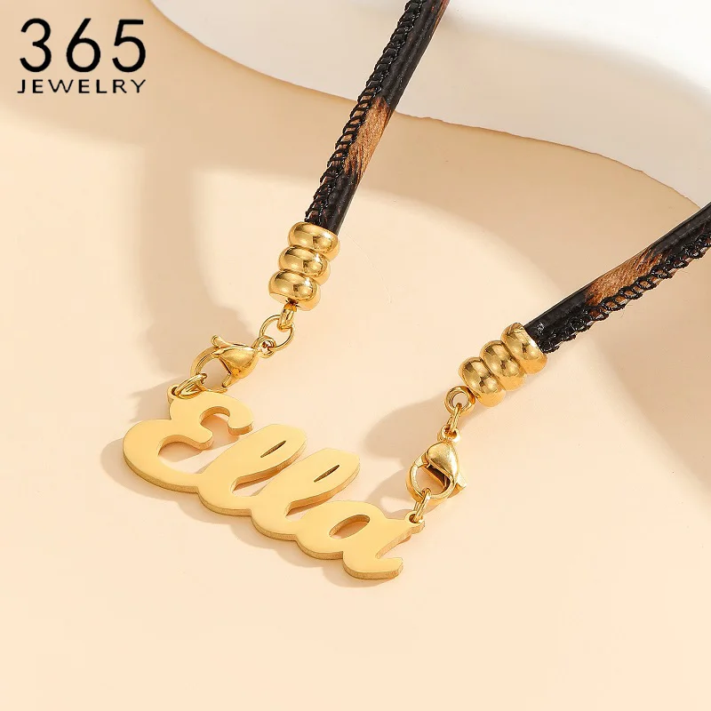 

365 New Arrival Custom Name Necklace Bracelet Set Leopard Leather Chain For Women Girls Personalized Stainless Steel Nameplate