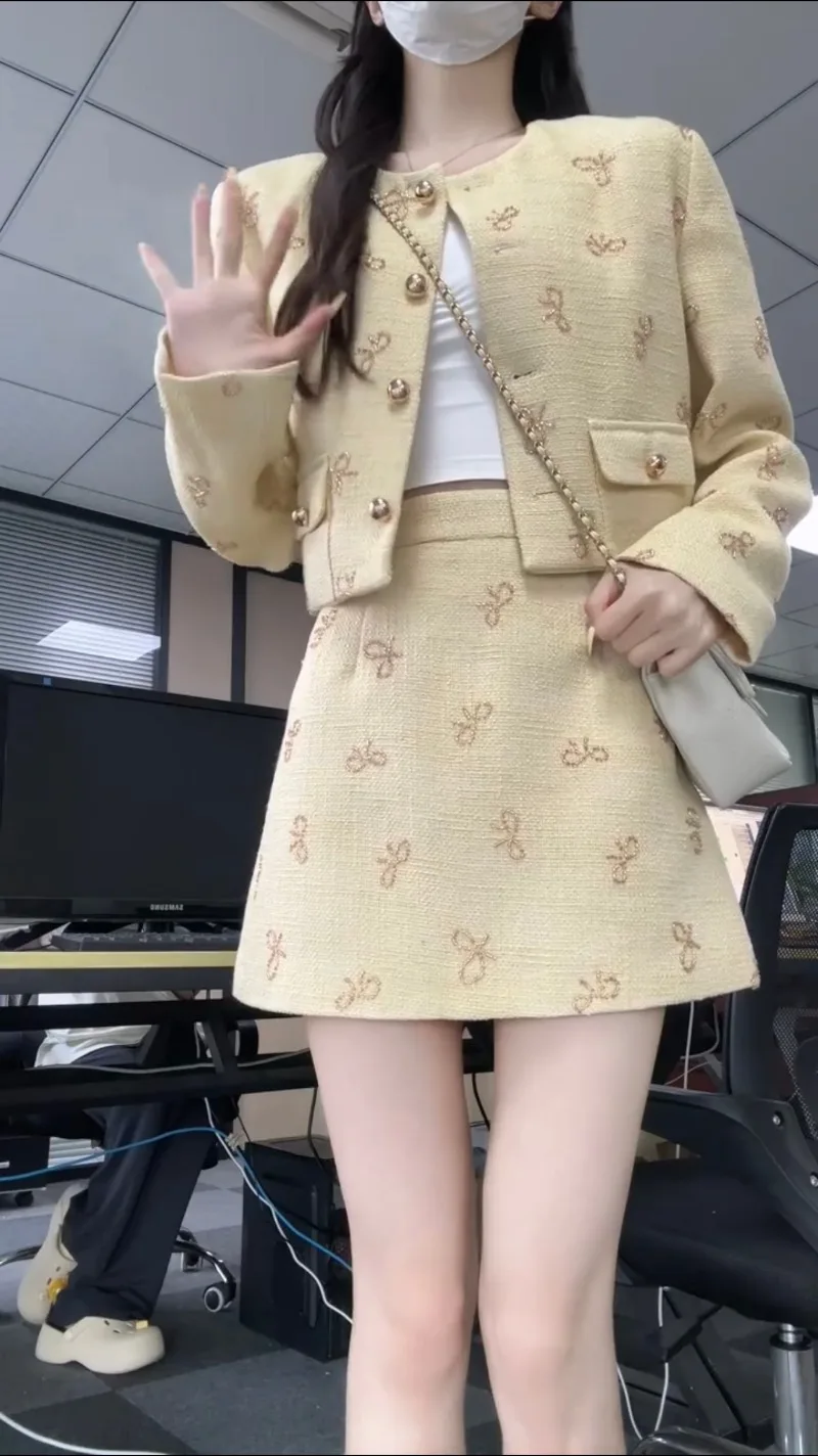 

New High Quality French Women's Two Piece Set Small Fragrant Fashion Autumn O-Neck Short Coat + Elegant Mini Skirt Tweed Suit