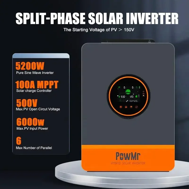 PowMr Solar Inverter 5000W 48Vdc To 110Vac, 5200W Split-Phase Solar Inverter Built-in 100A MPPT Controller | Max.PV Input 6KW 500VOC | Support 6 Units Parallel and Batteryless Run