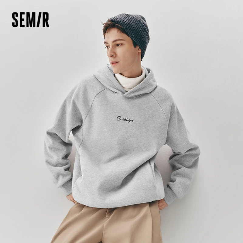 Semir Men Hoodie Fleece Lined Embroidered Detail Hooded Design Loose Fit Minimal Style 2026 Winter Everyday Wear Soft Comfort