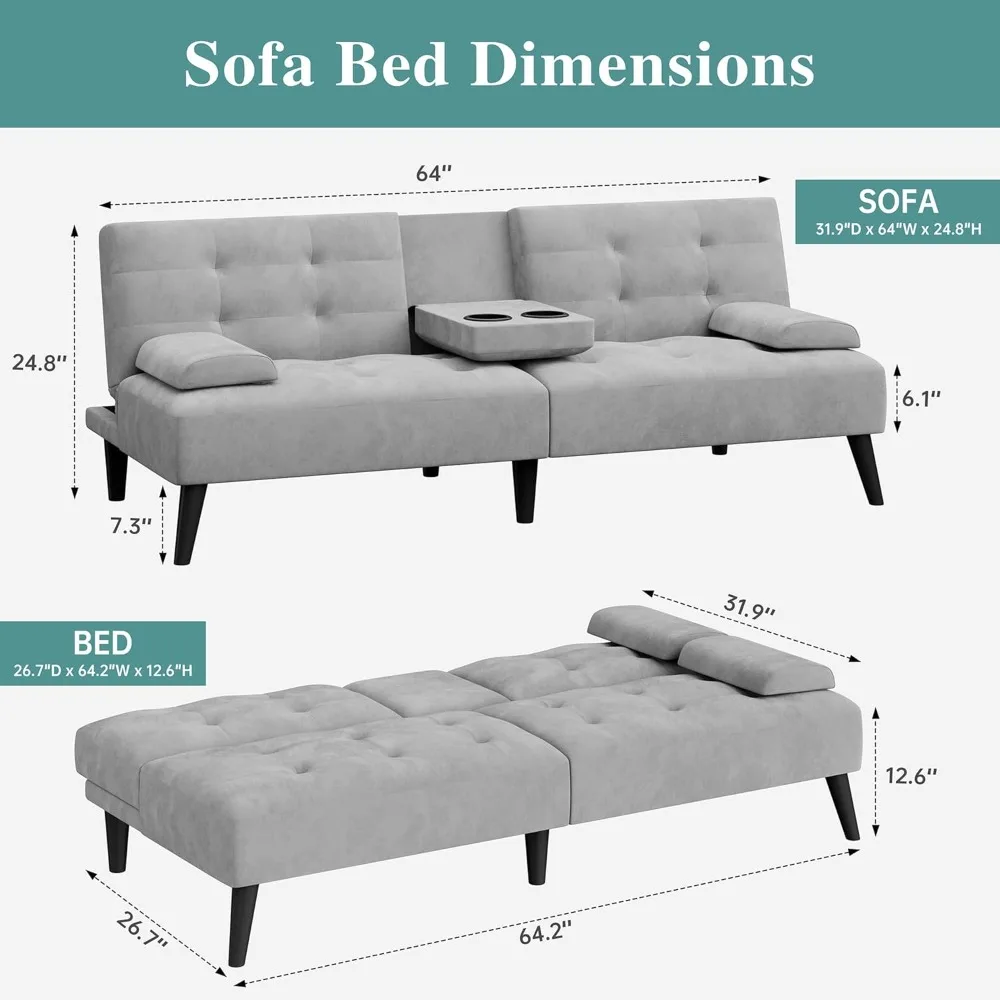 Futon Sofa Bed Couch, Modern Sleeper Sofa Couch, Adjustable Recliner Sofa Bed for Living Room, Office, Removable Armrest