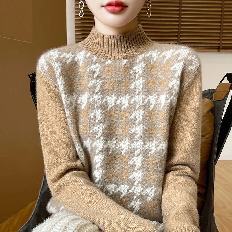 Podstawowy sweter damski z golfem, w kratę, z długim rękawem, wykonany w 100% z wełny merino, miękki, ciepły, kaszmirowy, elegancki.