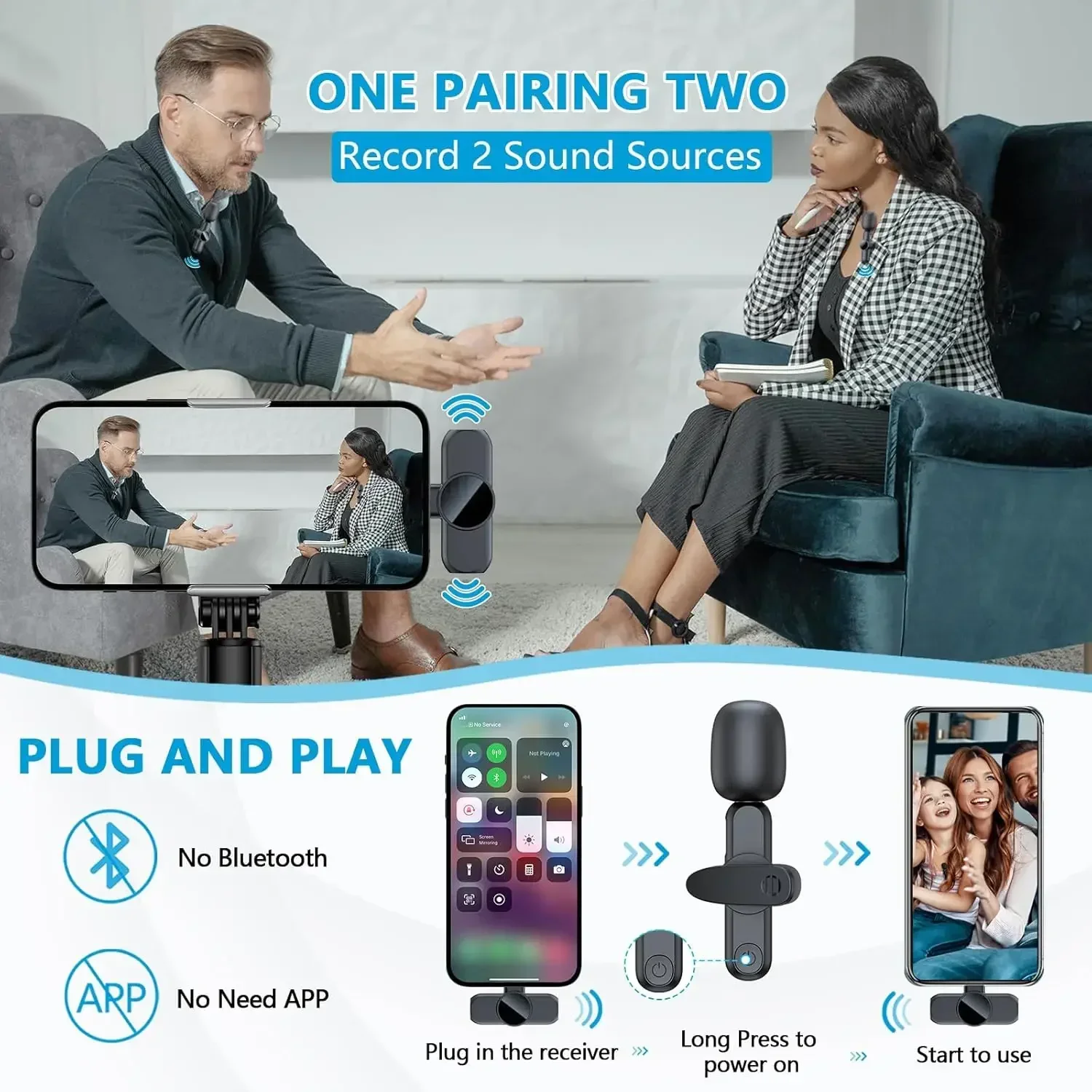 iPhone iPad 용 무선 라 발리에 마이크 Android 전문 비디오 녹화 인터뷰 용 미니 소음 차단 마이크