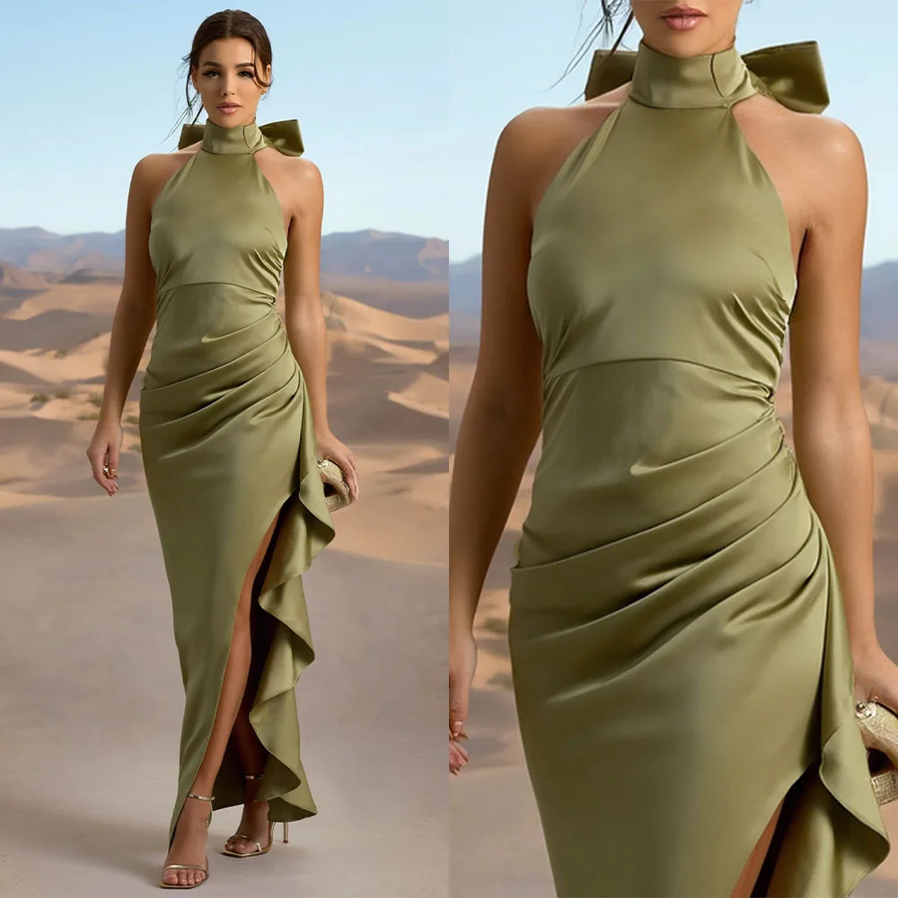 Высокое качество по индивидуальному заказу длиной до щиколотки без рукавов с зеленым плиссированным бантом и высокой вилкой Vestidos Para Bodas Mujer Invitada فستان 원피스