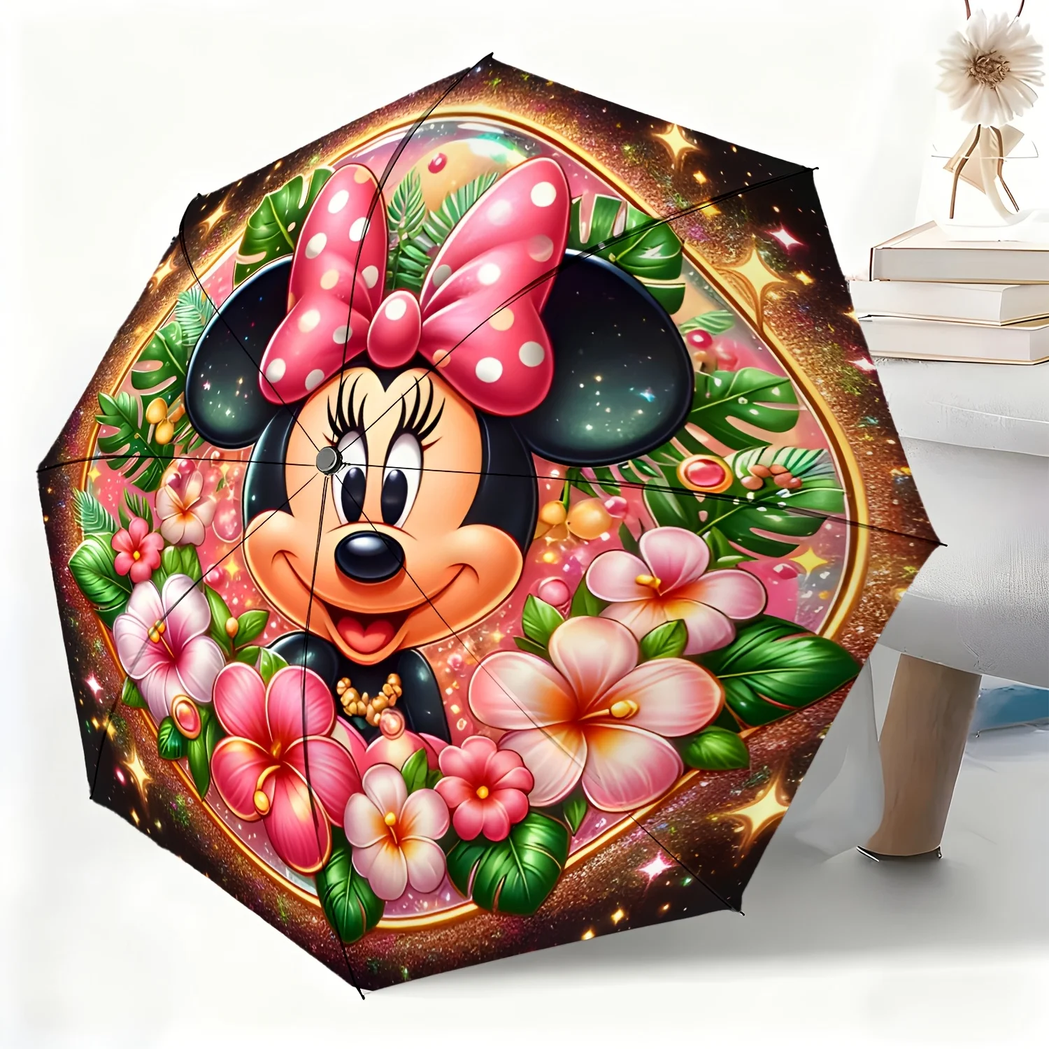 

Складной зонт Disney Minnie Mouse с тропическим цветочным принтом, ветрозащитный зонт для путешествий с автоматическим открытием/закрытием, портативный водонепроницаемый зонт от дождя