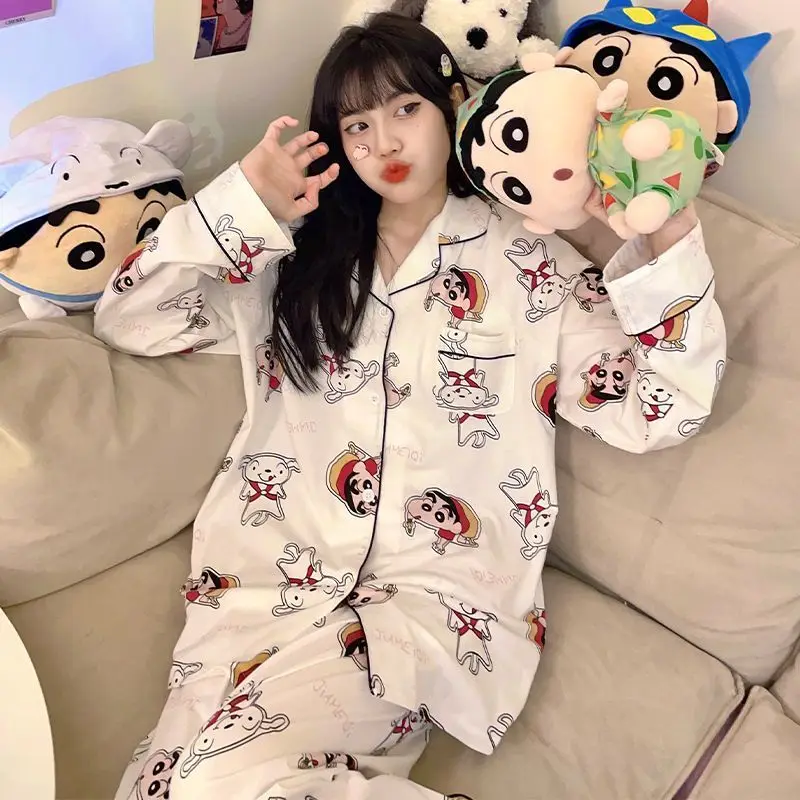 New Japanese Crayon Shin-chan Anime Women Pajamas Spring Autumn Loose Leisure Can Go Out Homewear Two-piece Girl Birthday Gift