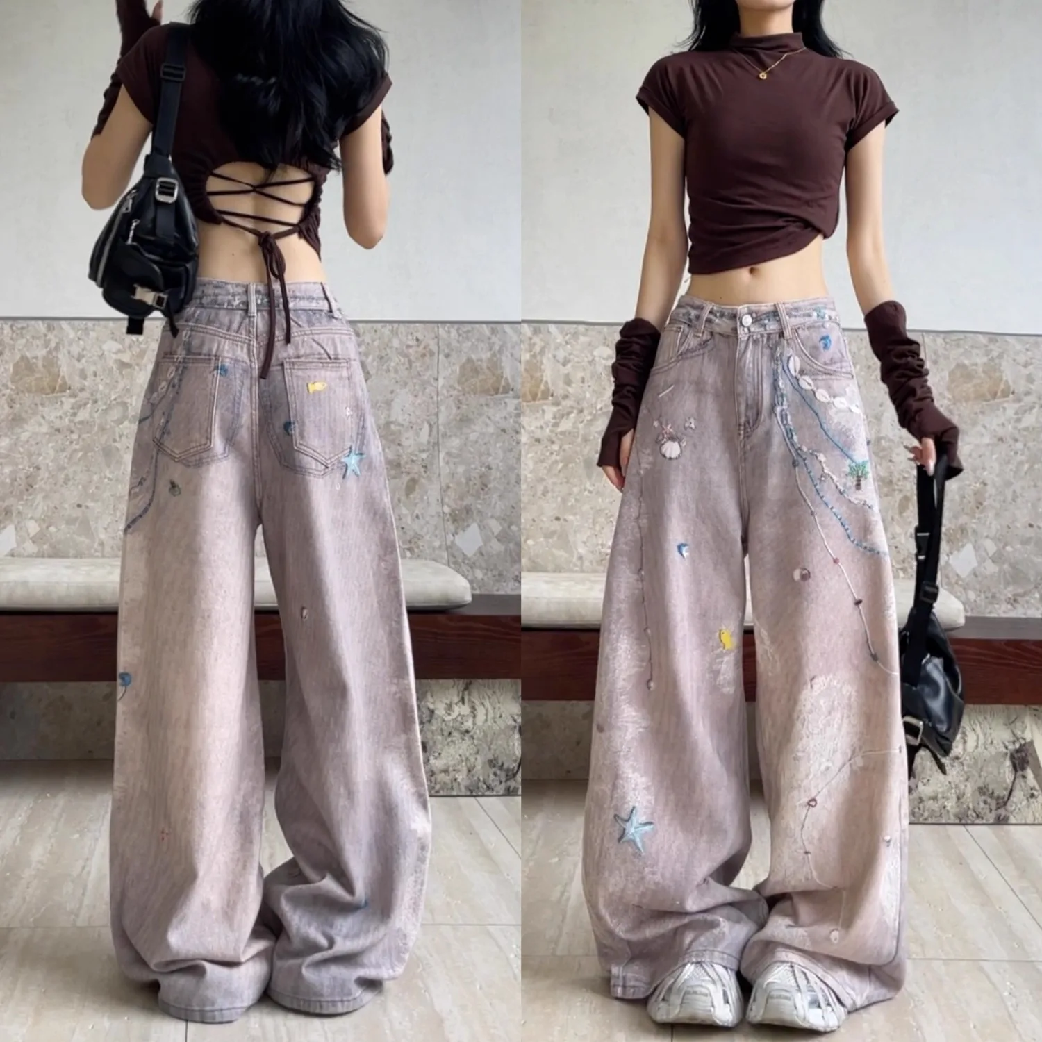 شل طباعة المتعثرة غسلها الجينز Y2K فضفاض الصيف المرأة صالح التخسيس واسعة الساق StraighPaants الأمريكية خمر حفرة الشاي #6