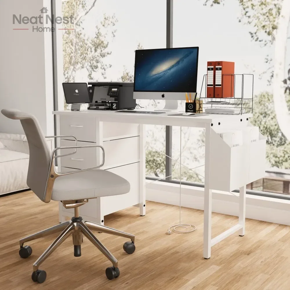 

office desk with power outlet,3 drawers,Study Desk ,Frame stability Reversible for home desk, company computer desk, white