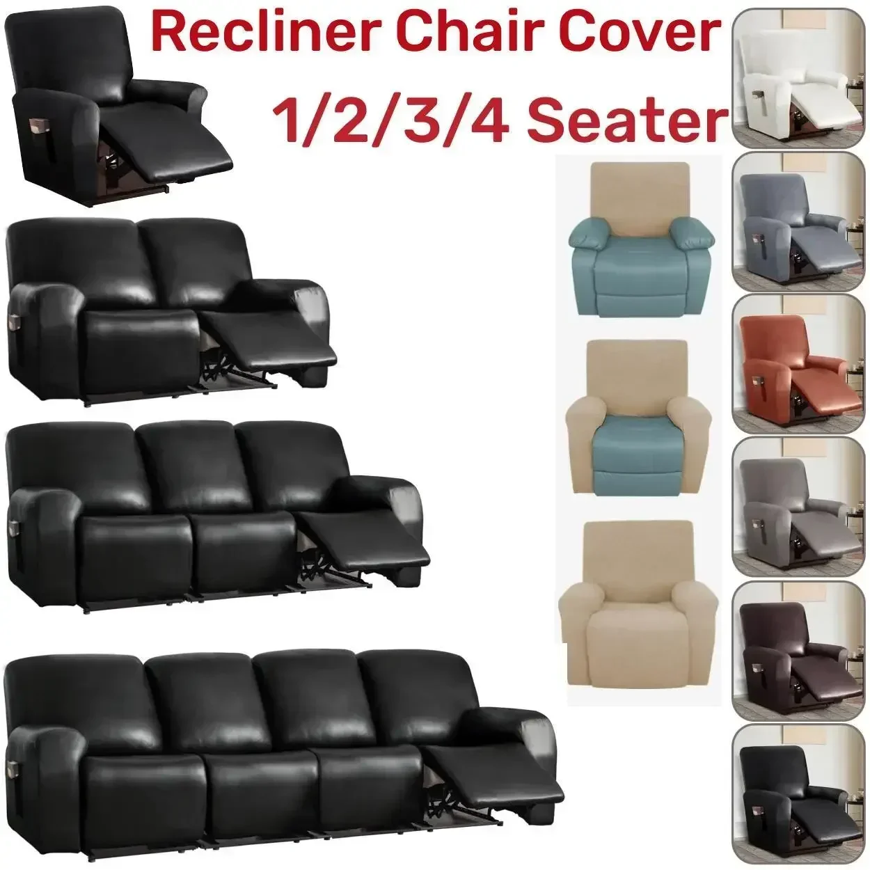 

100% Waterproof Recliner Chair Cover Sofa Slipcover PU Leather Sofa Pet Protector 1/2/3/4 Seater Full Cover Washable Removable