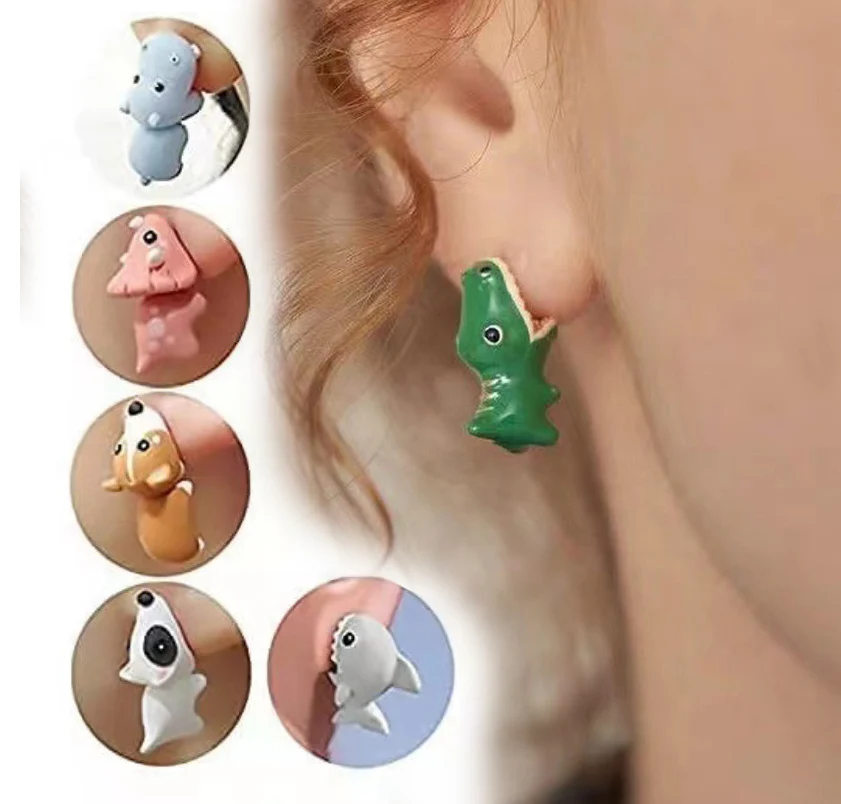 Animal Bite Earring For Women Cartoon Little Dinosaur Suitable Dog Whale Cute Earring Teens Girl Funny Gift Teenager Jewelry