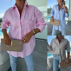 2025 New Women's Shirt Long Sleeve Striped Pocket Button Blue Casual Loose Top Street Office Pink Blouses