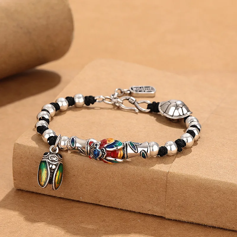 Vintage Schildkröte Zikade Anhänger Armband Für Frauen Schmuck Glück Perle Geflochtenen Seil Armband Weibliche Hand Zubehör