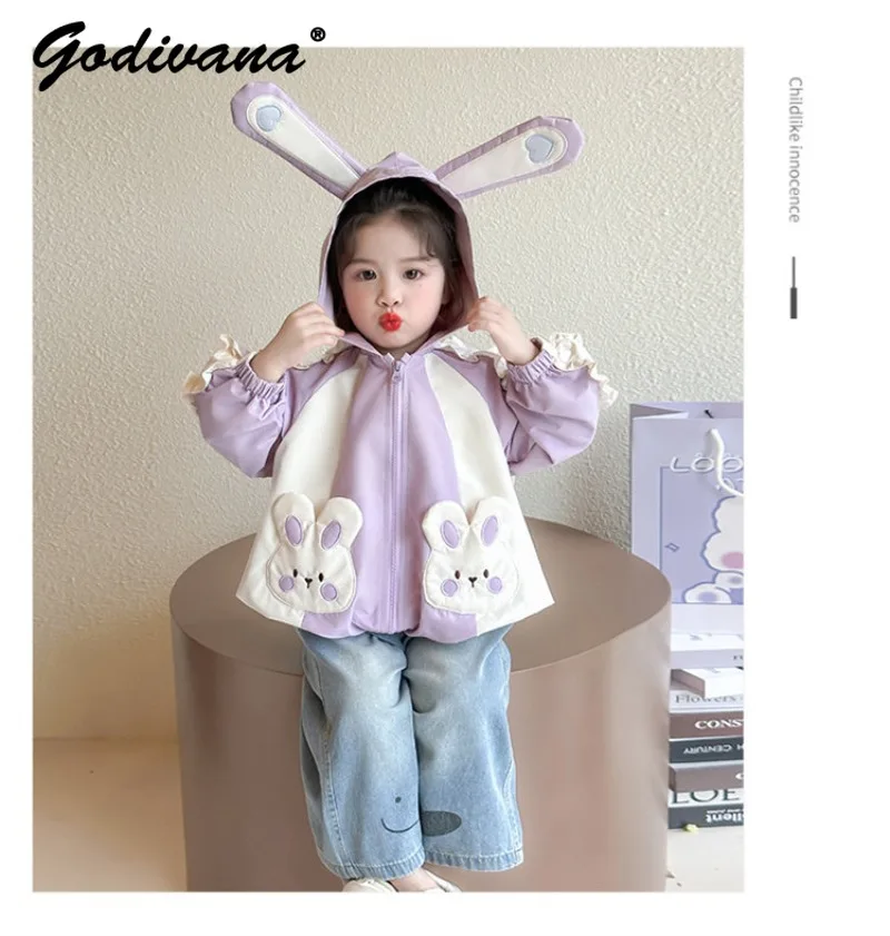 

Sweet Baby Girls Spring and Autumn Jacket 2026 New Kids' Cartoon Coat Rabbit Ears Hooded Zipper Baby Girl Casual Full Sleeve Top