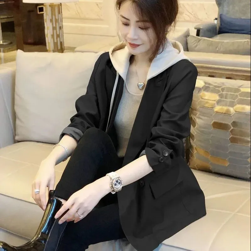 

Casaco Feminino Hooded Casual Blazer Women Spring Autumn Hooded Coat 2022 New Fashion Suit Jacket Tops Loose Black Khaki Jackets