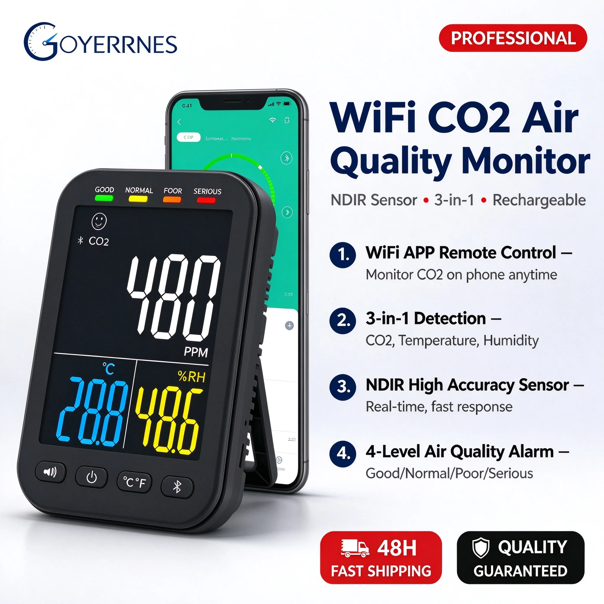 CO2 Monitor 0-10000ppm Temp Humidity Meter Bluetooth WIFI APP Alarm Type-C Rechargeable Portable Air Quality Tester