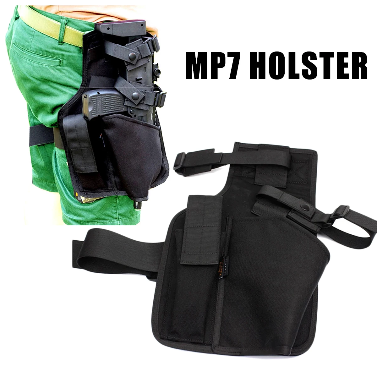

Tactical Pistol Holster Mp7 Leg Drop Holster with Spare Magazine Pouch Combat Molle Leg Drop Bag for Hunting Airsoft Shooting