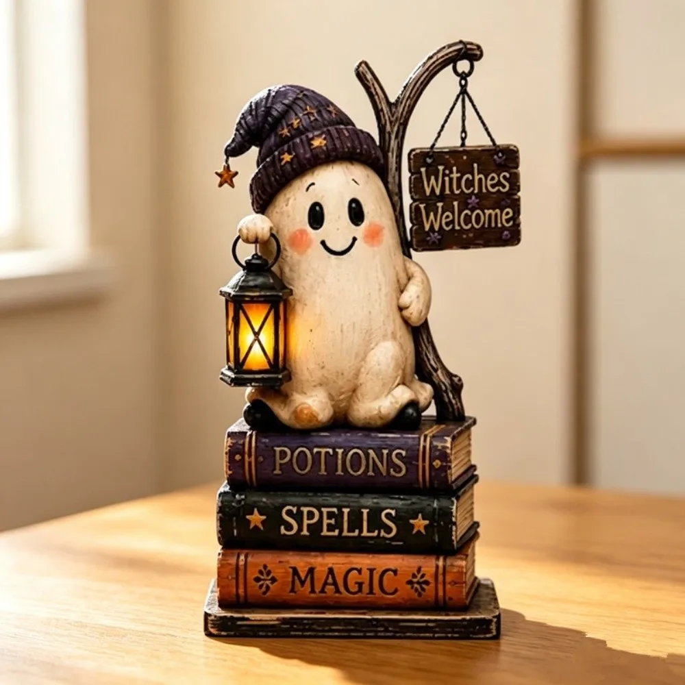 2D Flat Halloween Pumpkin Ghost Figurine Vintage Spooky Wood Haunted House Statue Fall Craft Ghost Book Halloween Wooden Sign