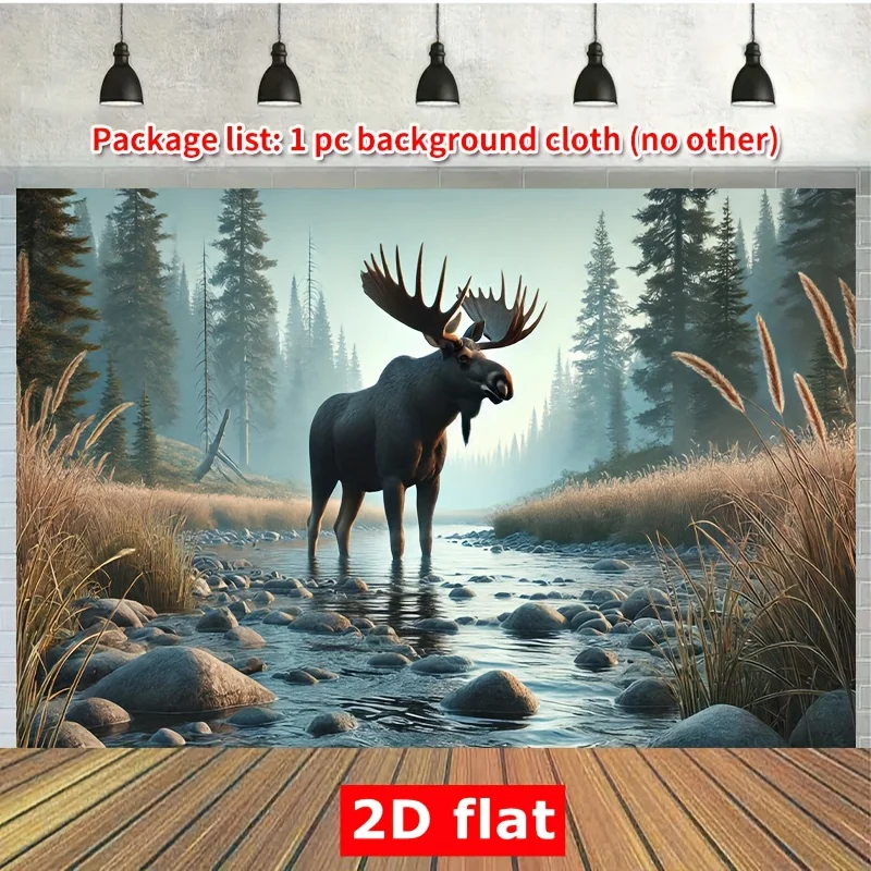 Majestic Moose Standing In River Forest Mist Landscape 2D Flat Tapestry Backdrop For Living Room Decor Wildlife Wall Hanging Art