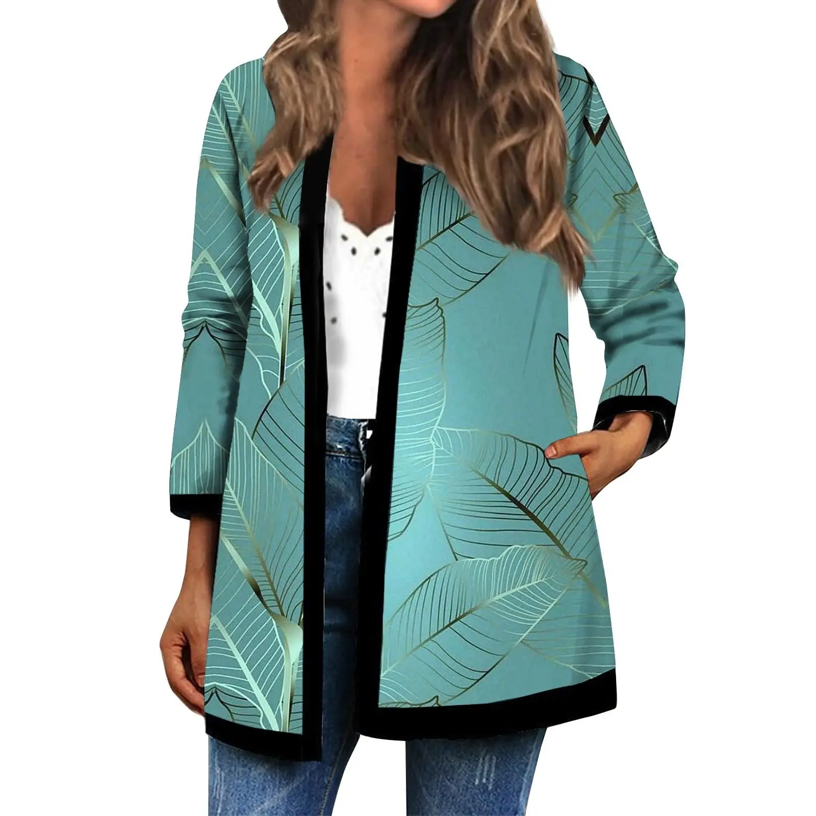 

Women's Autumn/Winter Jacket with 3D Gradient Leaf Pattern and Front-Opening Loose Fit Cape. Casual Polyester Women's Clothing