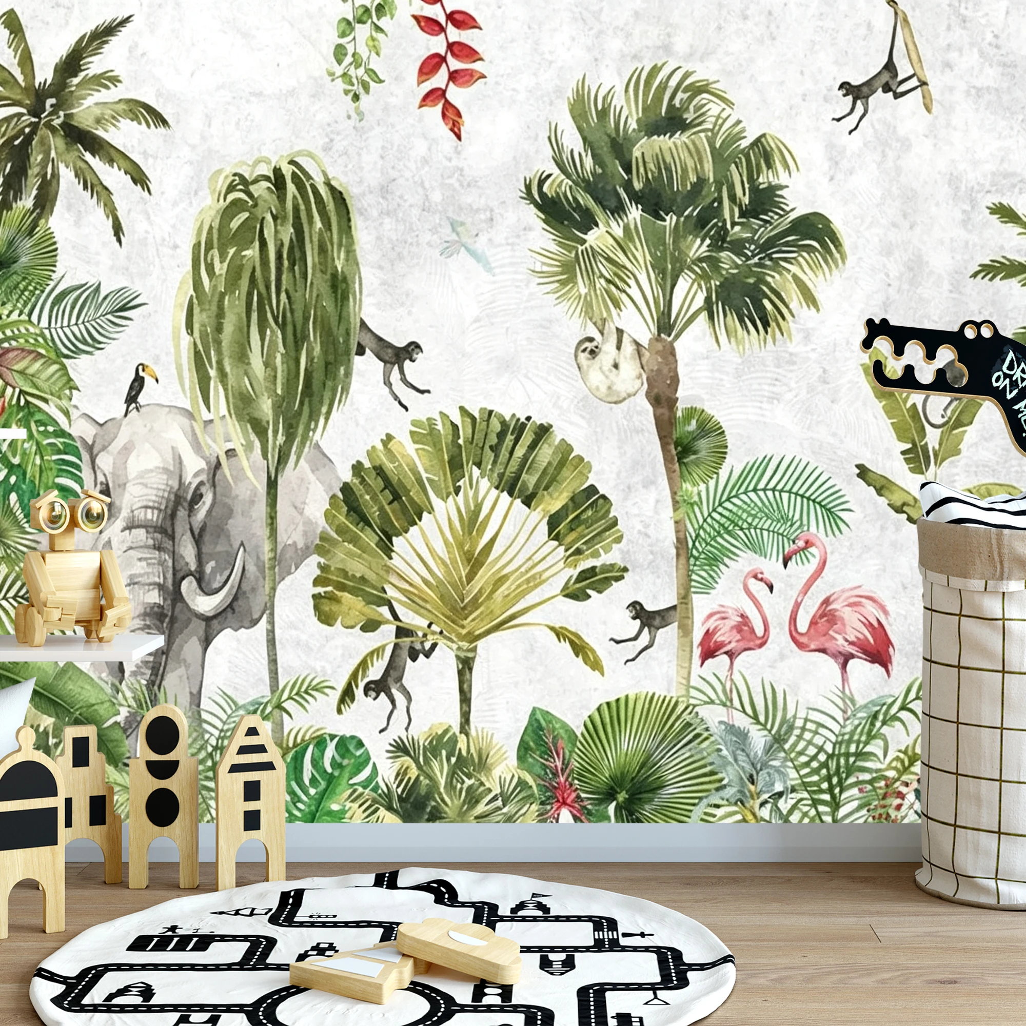 Kids Tropical Jungle Animal Wallpaper Custom Peel Stick Wall Mural Elephant Giraffe Tropical Leaf Bedroom Home Wall Decoration