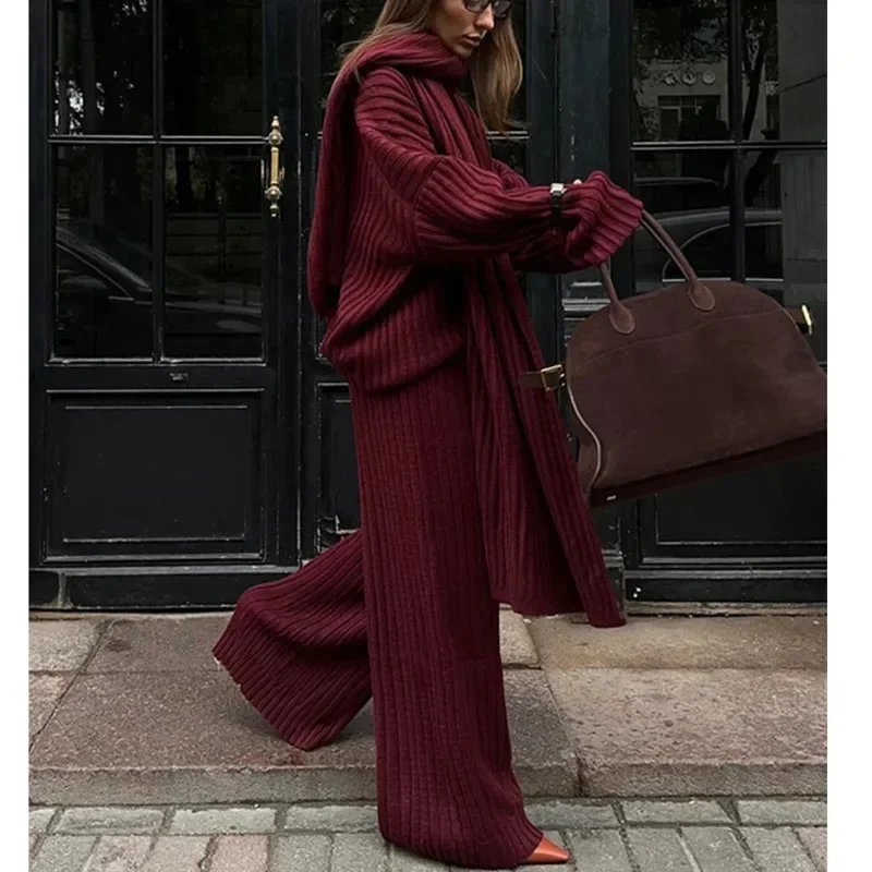 Elegant Burgundy Long Sleeve Sweater Pants Set Woman Winter Fashion Knitted Scarf Pullover Trousers Suits Lady Warm Streetwear