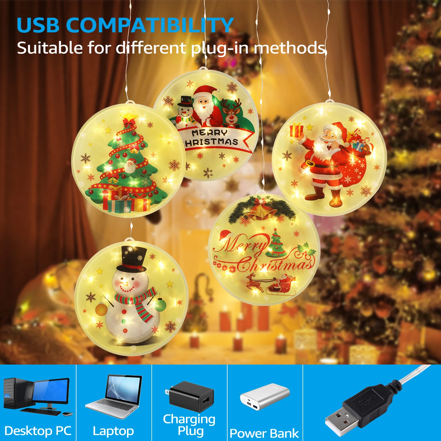 Christmas String Lights, 3D Decorations Hanging Lights, 5 LEDs, 2800K Soft White