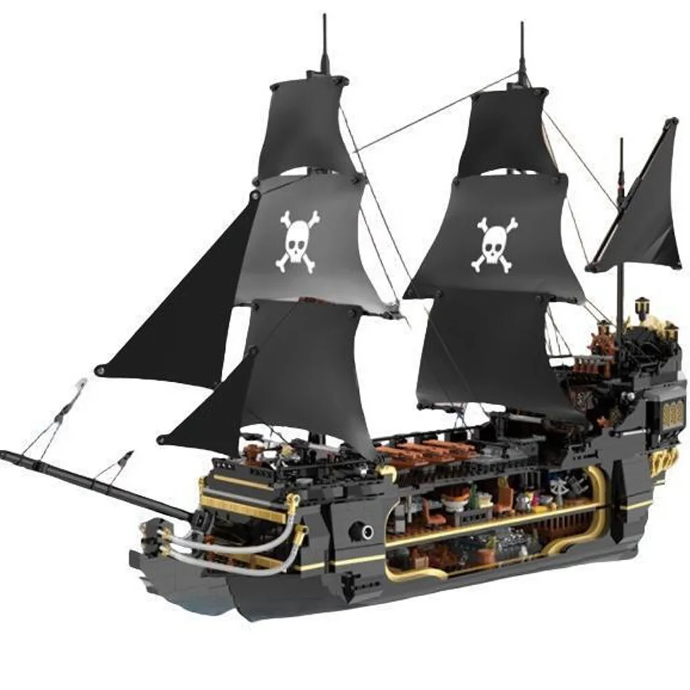 Creative Mini Block Black Dark MIrage Caribbean Pirate Ship Model Building Brick Construction Toy Sets Collection With Light