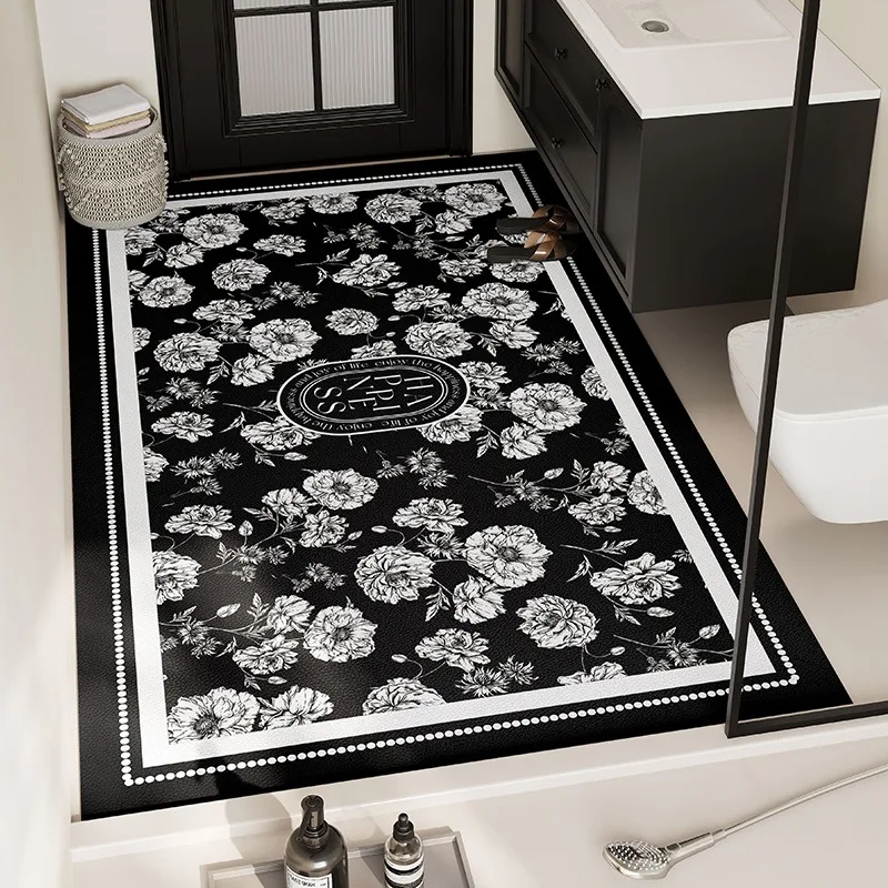 

Bathroom Carpet Anti-slip Anti-fall Water-absorbing Floor Mat PVC Diatom Mud Toilet Rugs Black White Flower Large Size Foot Mats